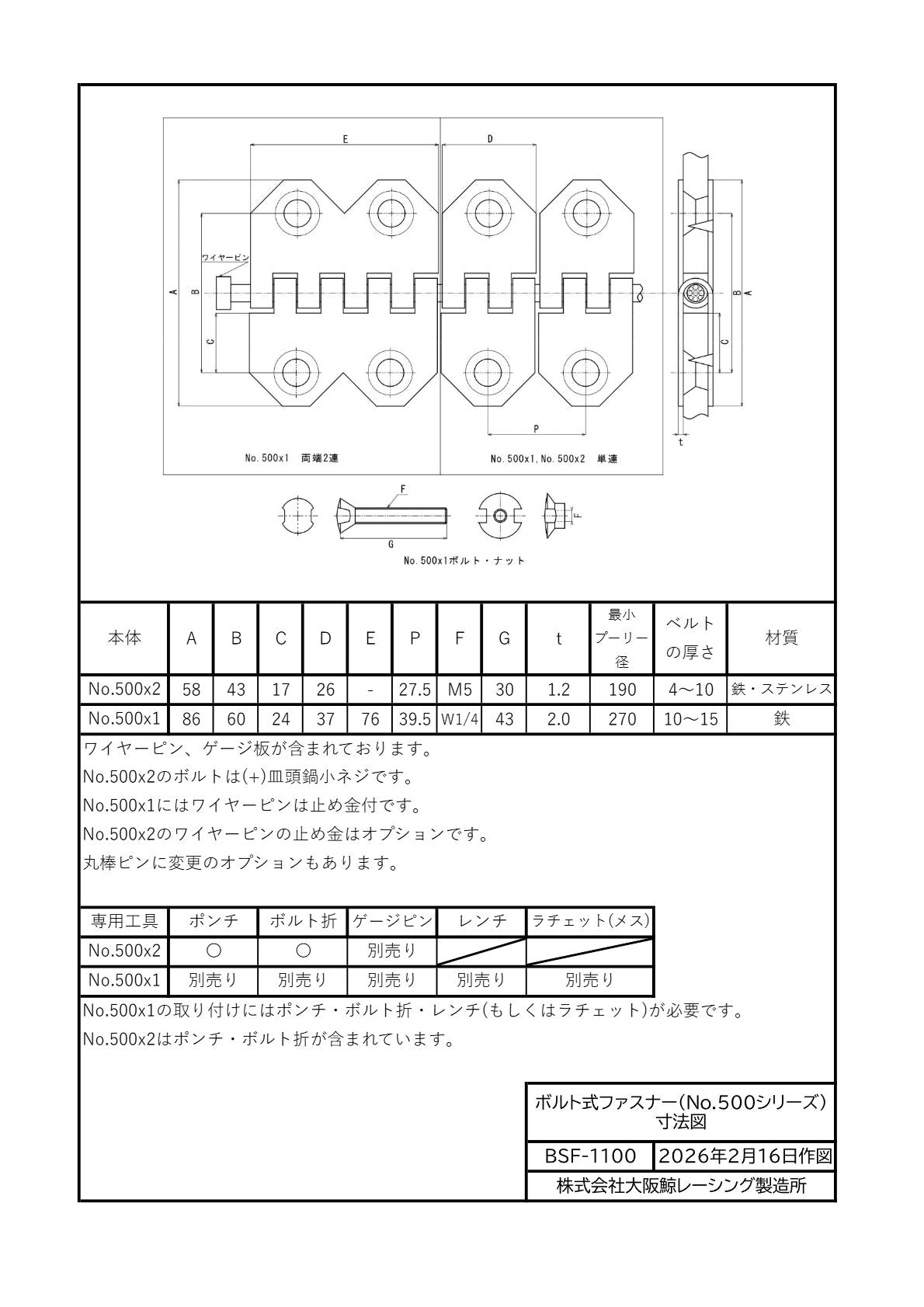 ボルト式ファスナー(No.500シリーズ) 1m