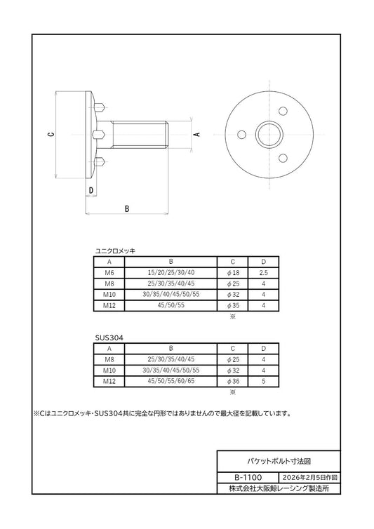 ステンレス製　バケットボルト　M10
